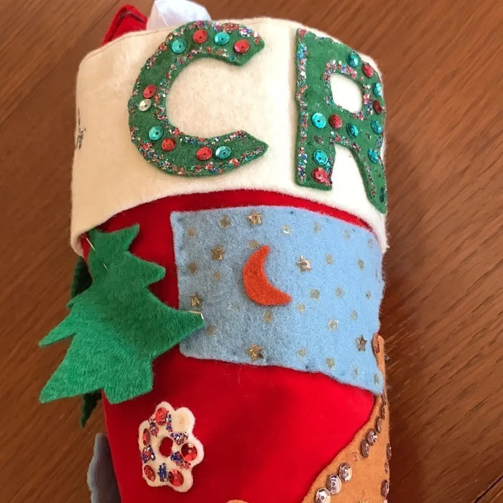 Vtg 60s large red felt hand decorated‎ Christmas stocking